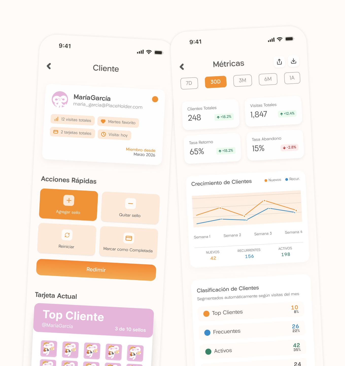 App de Sumá para el negocio: el perfil de un cliente y las métricas del local.